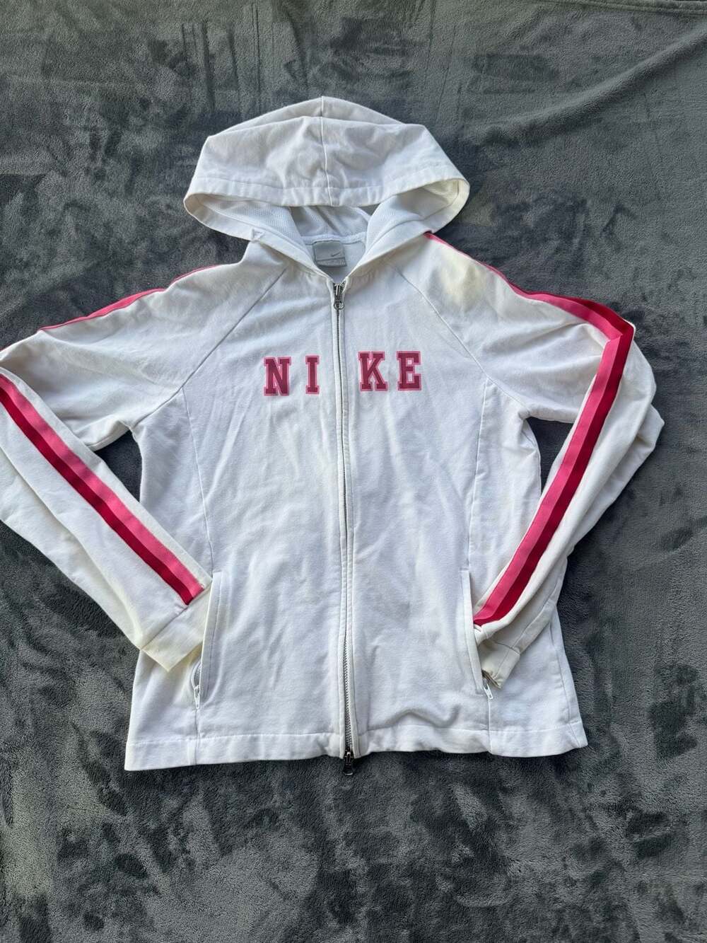 Vintage Nike Y2K White and Pink Full Zip Hoodie Track Jacket Size M